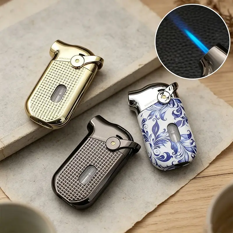 Briquet à gaz butane HONEST 2026 tout métal coupe-vent à flamme bleue, allumage par bras oscillant, fenêtre de visualisation du gaz, briquet à cigare portable, cadeaux