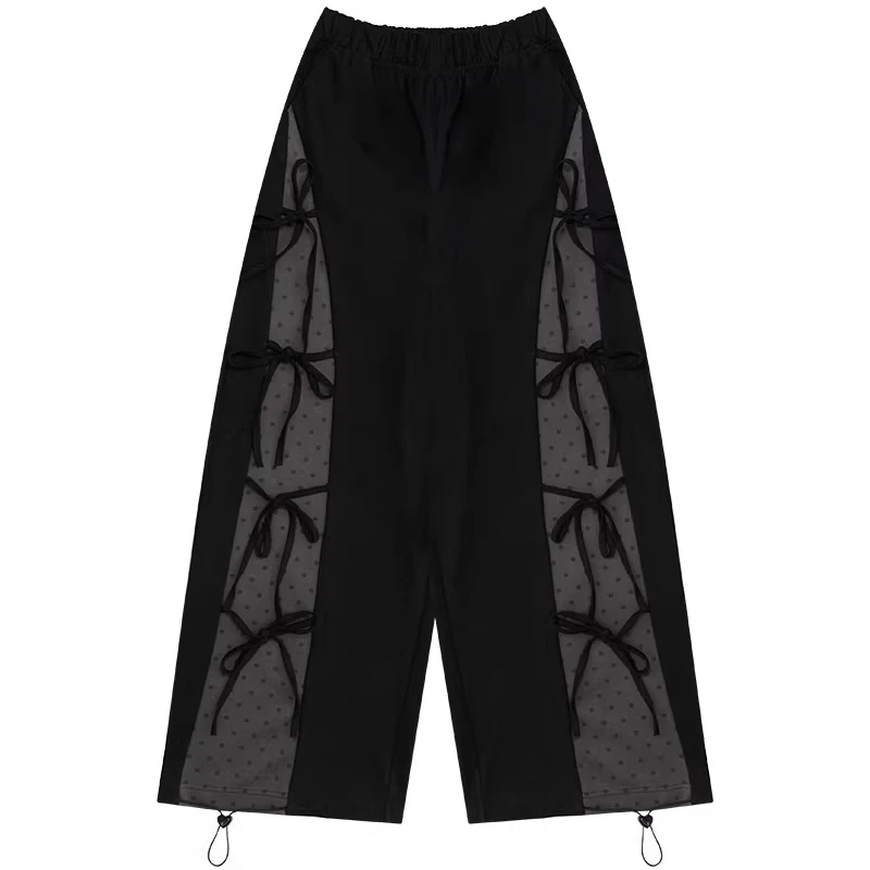 2026 Spring New Sweet Cool Black Women's Trousers Retro Design Cute Bow Polka Dot Splicing Y2k Loose Casual Long Pants Ladies