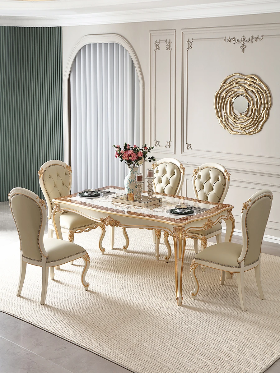 

French Luxury Solid Wood Carving Flower Gold Foil Long Dining Table European Court Luxury