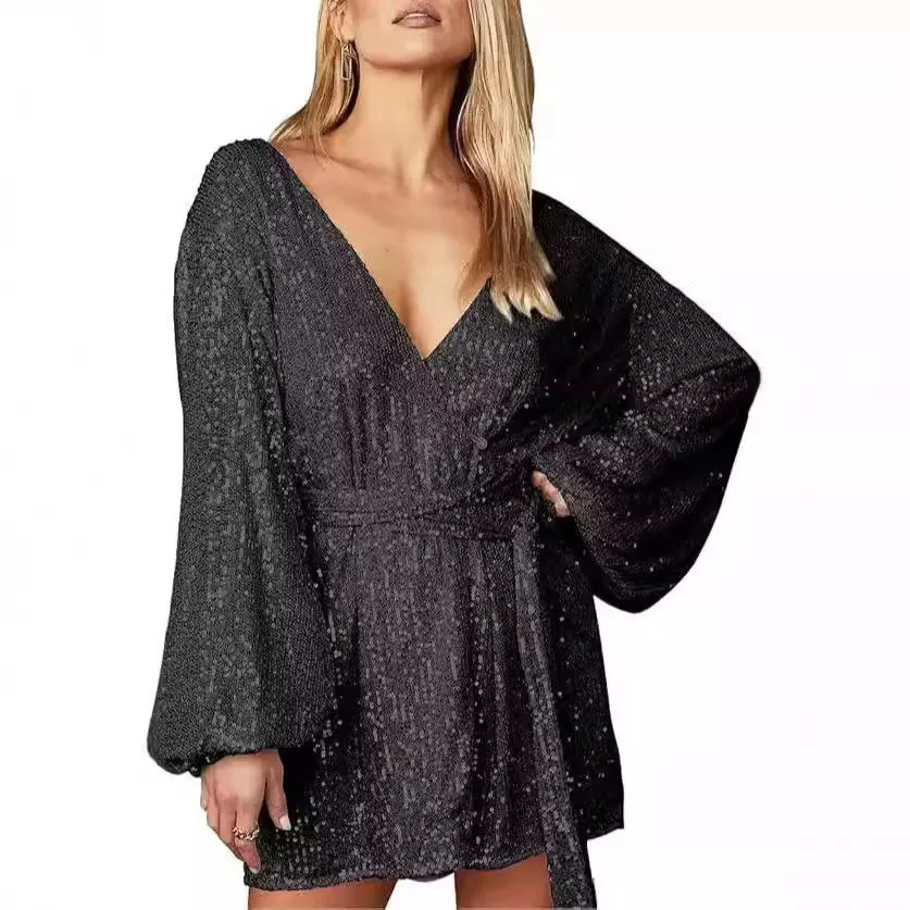 2025 New Glitter Mini Wrap Skirt V-neck Bubble Sleeves Shining Party Dress