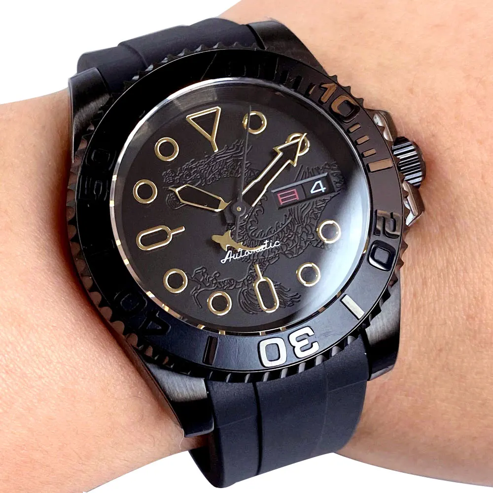 Черные часы для дайвинга Tandorio с PVD-покрытием, 40 мм, сапфировое стекло, NH36, автоматический механизм, 200 м, водонепроницаемый резиновый ремешок с датой и неделей