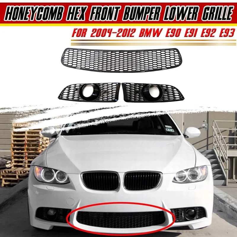 NEW-3XCar Front Grille Grill Lower Bumper Fog Light Cover Trim For-BMW E90 E91 E92 E93 2004-2012 M3 Style