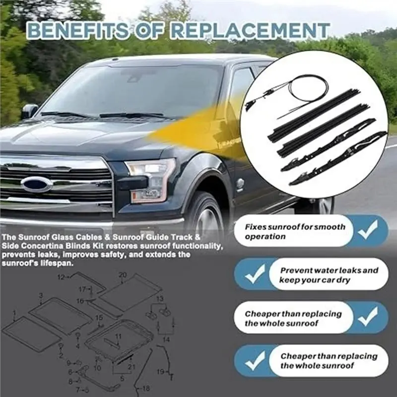 For Ford F150 F250 F350 F450 2015-2020 Sunroof Guide Track W/Cables Kit FL3Z16502C22, FL3Z16500A66A, FL3Z1651070E