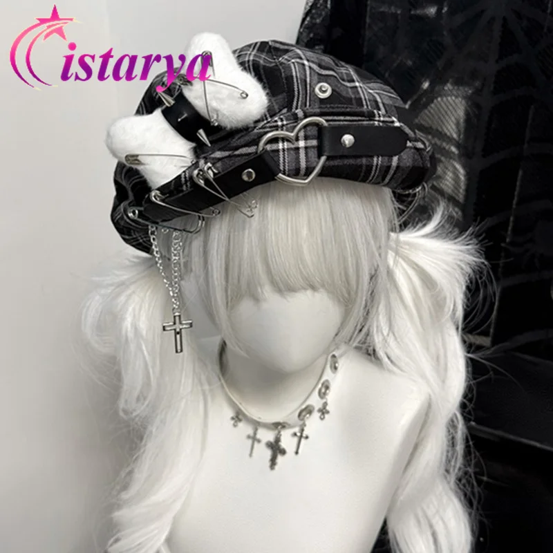

Women Harajuku Gothic Japaness Lolita Beret Hat Rivet Metal Bone Cross Plaid Grunge Y2K Girls Sun Hats Chic Streetwear Cap