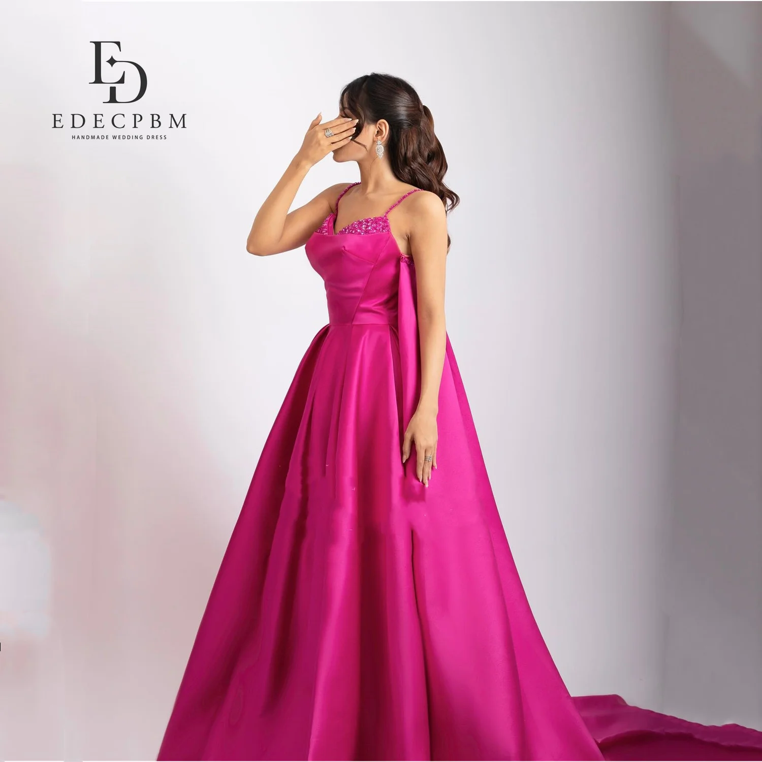 

EDECPBM Satin Evening Dresses for Special Occasions Rhinestones Removable Tail Women's Evening Dress Rose Red Customized Party