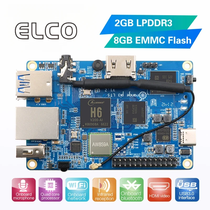 TopElec Orange Pi 3 LTS 2GB RAM 8GB EMMC Flash DDR3 Mini PC Allwinner H6 WiFi+BT5.0 Single Board Computer,Run Android 9.0/Ubuntu