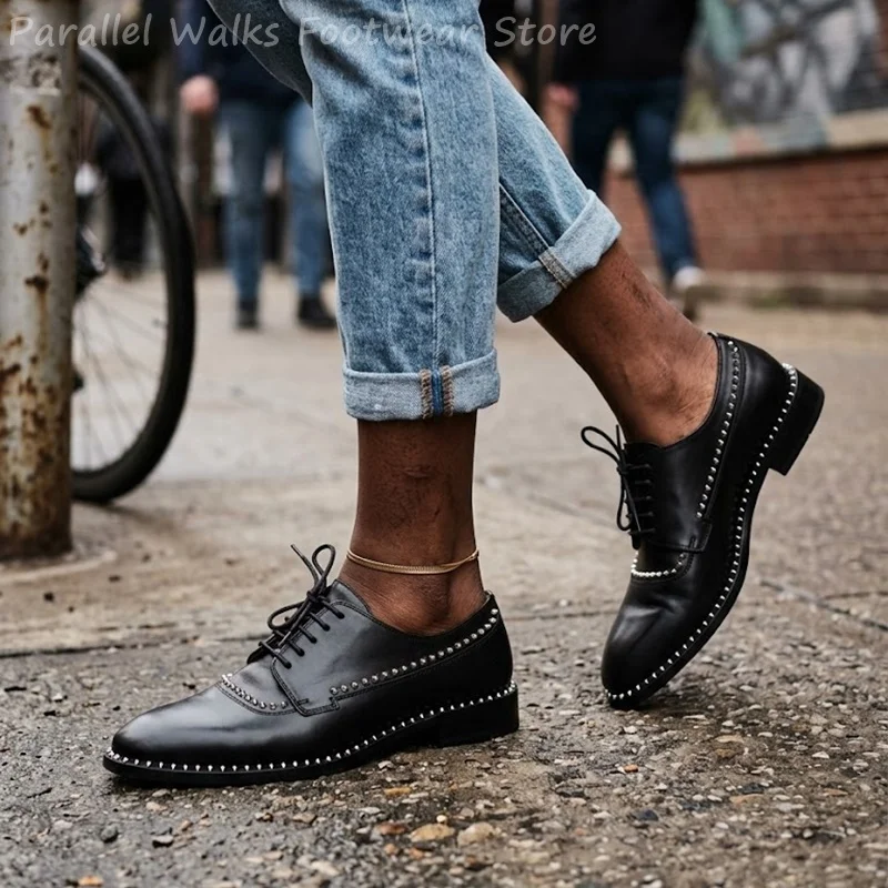 Sartorial Men Derby Shoes Black Smooth Leather Pointed Toe Conical Studs Rivets Lace Up Office Party Elegant Tuxedo Dress Shoes