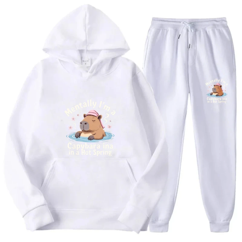 طقم هوديي سويت شيرت نسائي مطبوع باللون الأبيض وملابس ركض كاجوال مريحة للمنزل والارتداء اليومي