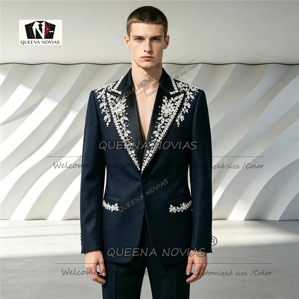 Luxury Diamond Beaded Suits Men Slim Fit Stitched Beadwork Rhinestone Jacket Pants 2 Piece Sets Groom Weddng Tuxedo Customized