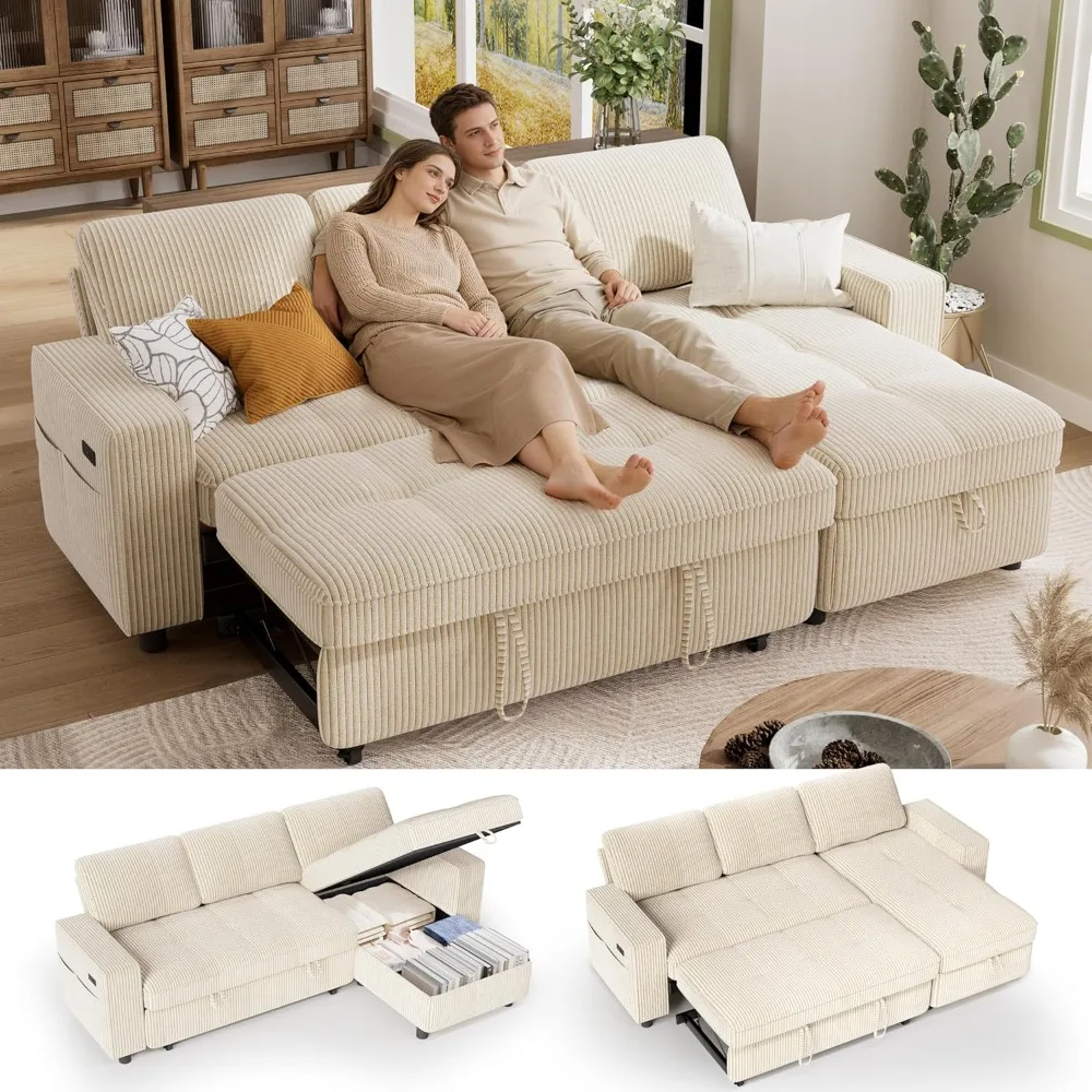 Sectional Sleeper Couch with Pull Out Sofa Bed, L Shaped Plush Corduroy Couch with Reclining Backrest & Storage, Customized