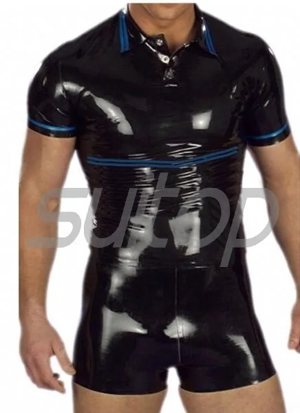 

Free shipping men's latex uniform top and shorts in black and blue