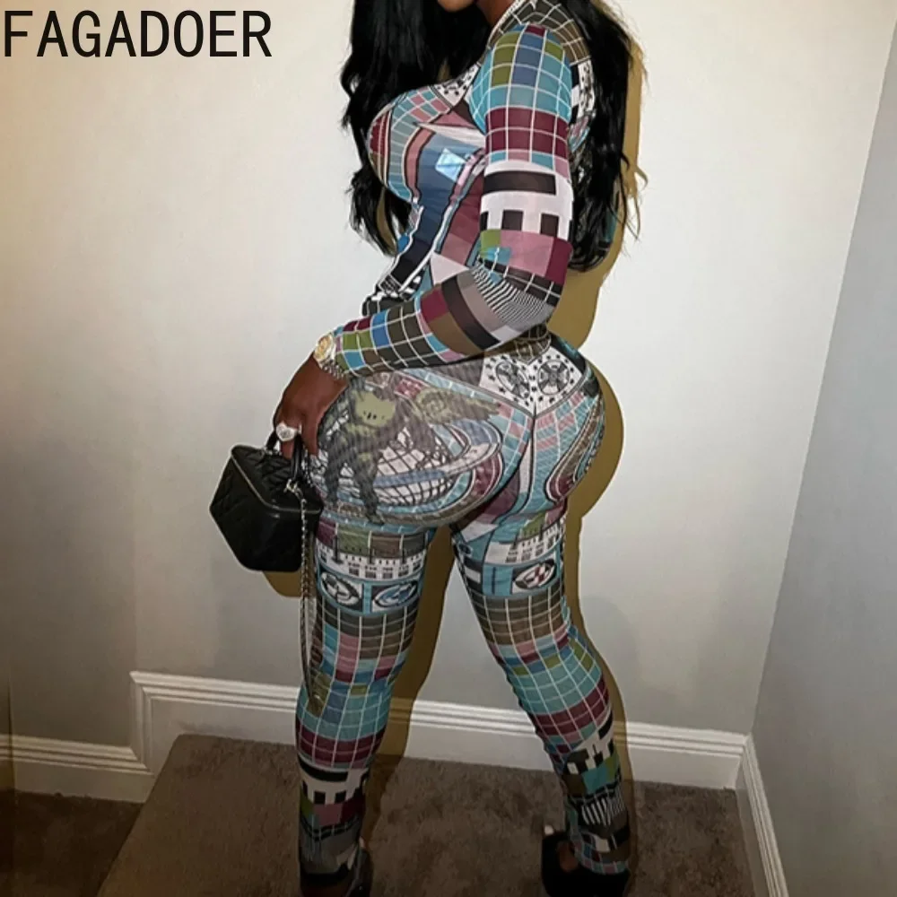 FAGADOER Fashion Two Piece Set for Women Mesh Print See Through Stretch Crop Top and Pants Suits Streetwear Spring 2025 New