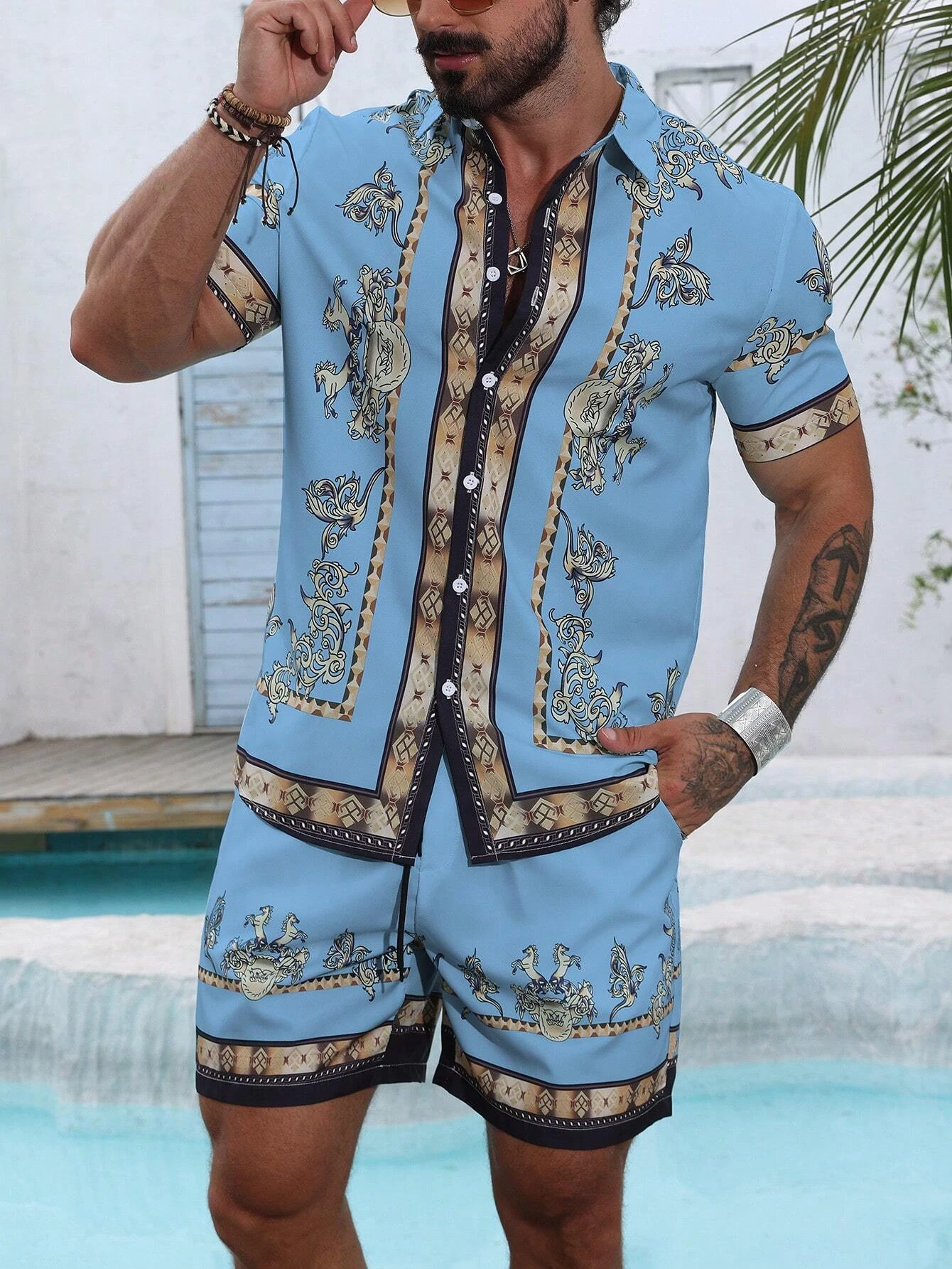 مخطط قميص مجموعة الرجال قصيرة الأكمام قميص الصيف قصيرة الأكمام قميص شورتات للبحر الرجال دعوى الشارع عادية Y2k السراويل الترفيه