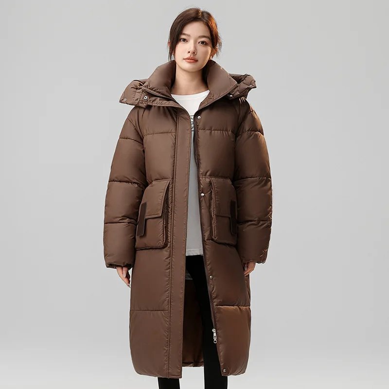 Winter Women Hooded Down Coat Stand Collar Casual Warm Thicken Mid-Length Cotton-padded Jacket Zipper Pocket Solid Loose Jacket