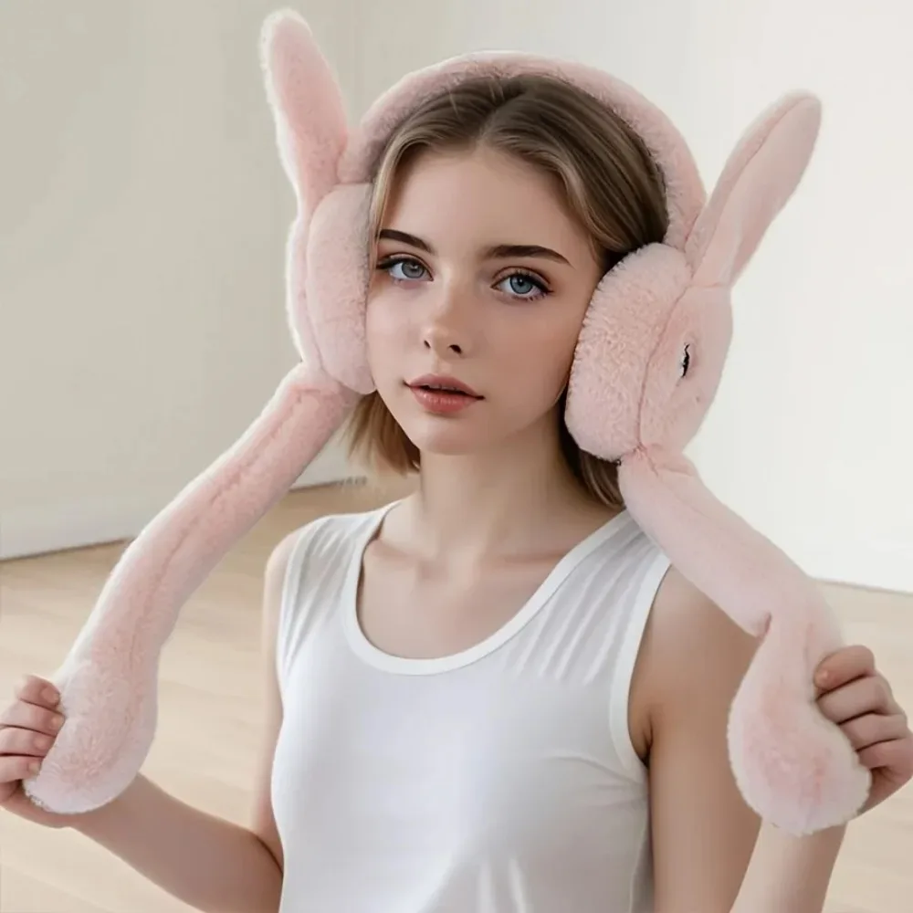 Cartoon Bunny Ear Warmers Plush Knitted Stretchable Polyester Ear Muffs Cozy Winter Ear Covers Reusable Hand Wash Care