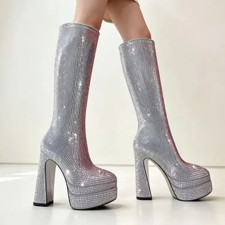 Bling Rhinestone Pointed Toe Knee-High Platform Women Boots Chunky High Heels Zipper Design Large Size Performance Shoes