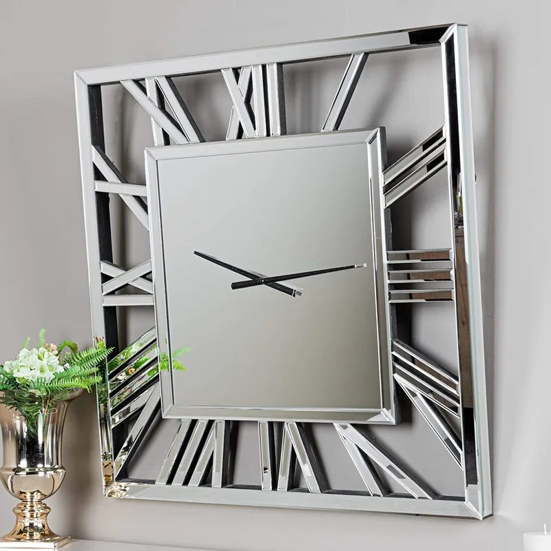 Large modern, rustic square mirror clock, wall mounted, enclosure, analog display, battery operated
