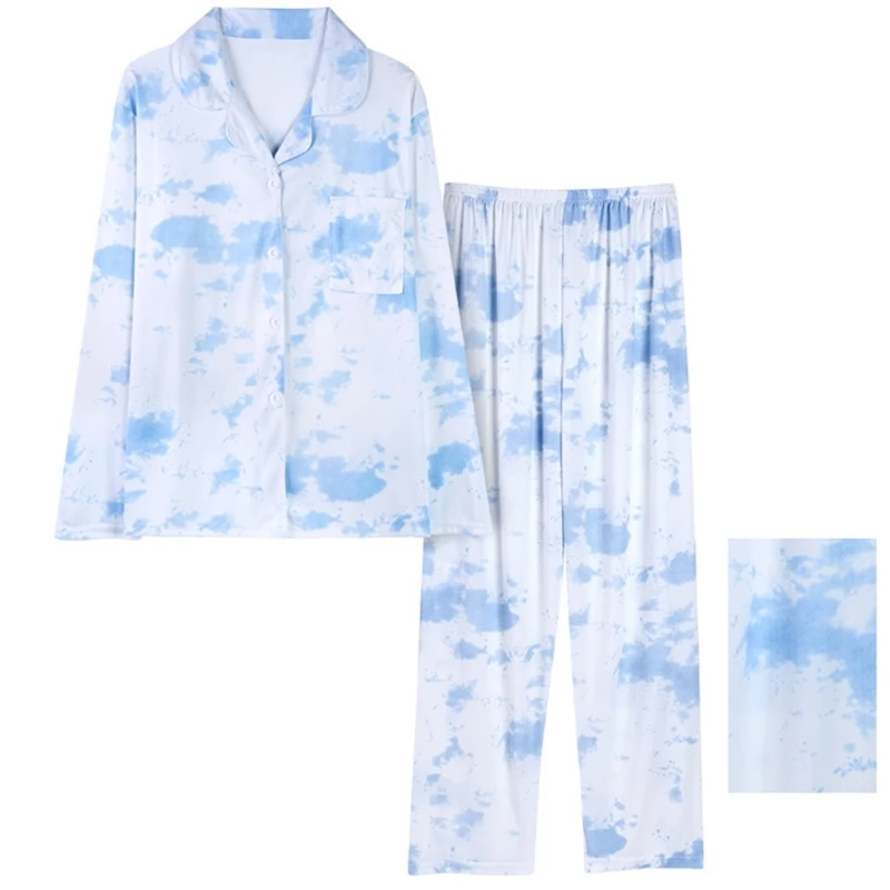 Colorful Printed Pajamas for Women Long Sleeve Sleepwear Lapel Button Down Shirts with Loose Pants Home Loungewear Set