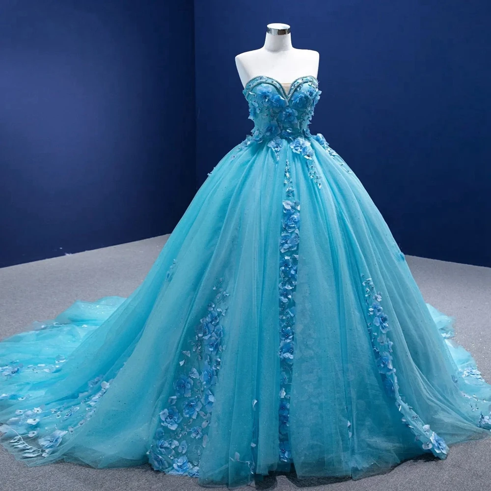 

Luxury Beaded Flowers Prom Dresses Pretty Floral Mesh Lace Formal Party Dress With Train Very Puffy Tulle Evening Gowns