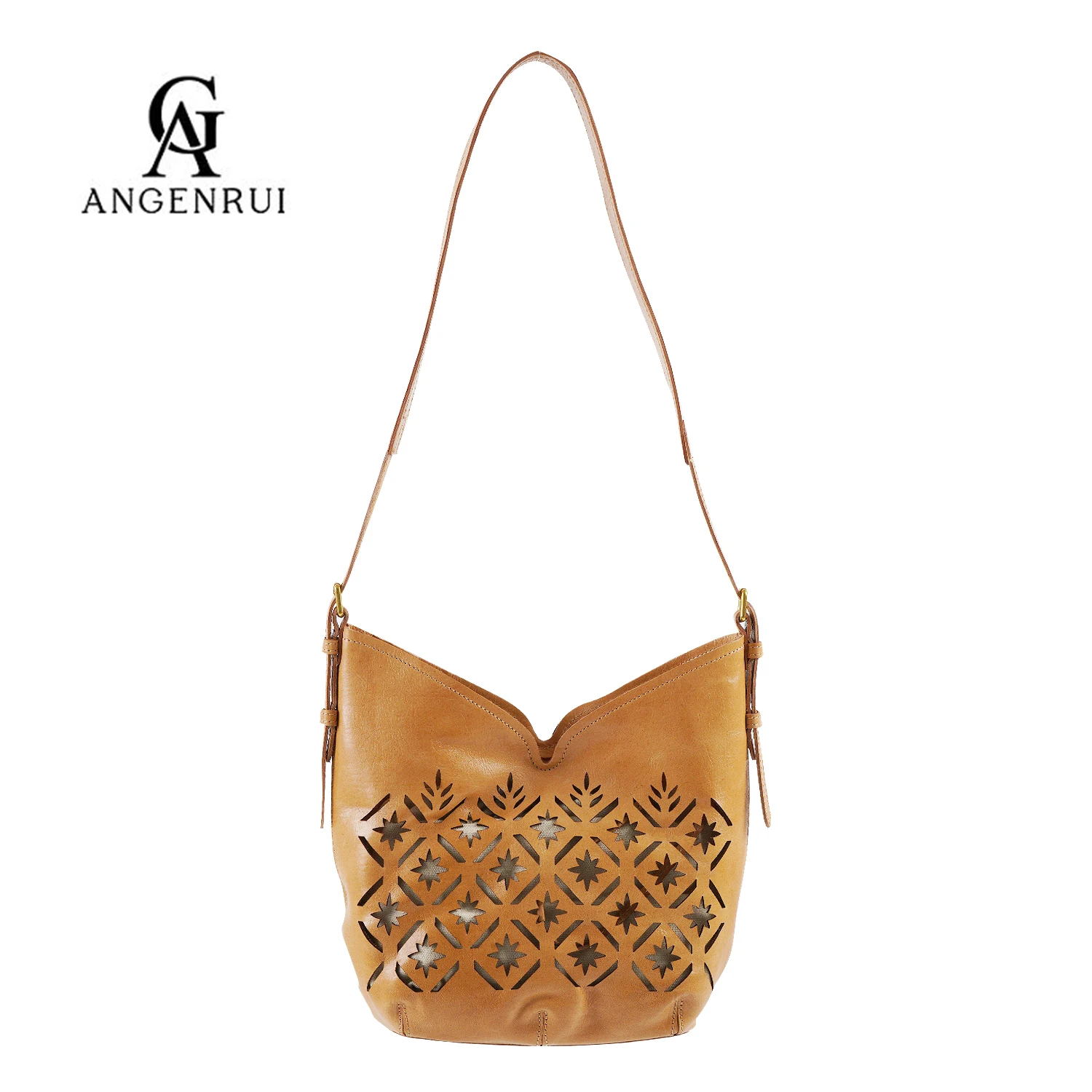 

ANGENGRUI Brand Genuine Leather Women's Bag Vintage Hollowed Out First Layer Cowhide Shoulder Bag Casual Drawstring Bucket Bag