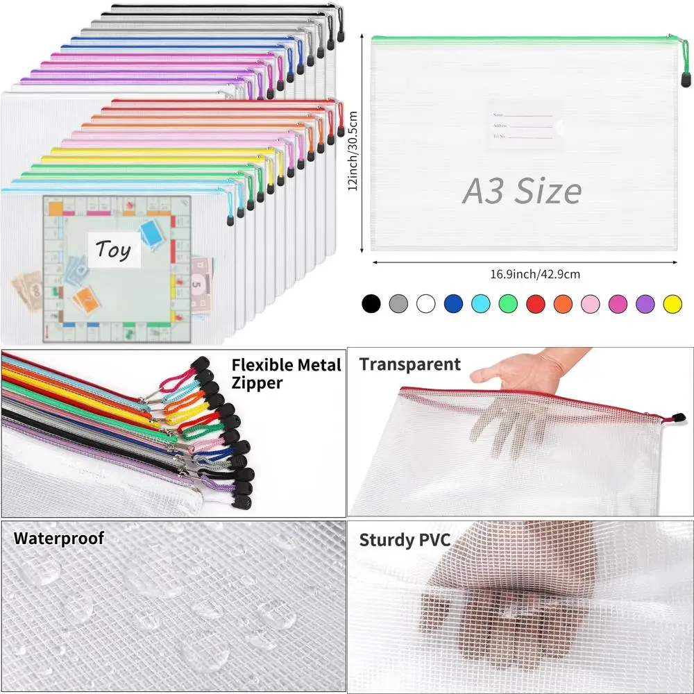 

24pcs Mesh Zipper Pouch Bags A3 Extra Large Document Bag with Label Pocket, 16.9x12 Inches, Plastic Zip File Folders, Puzzles,