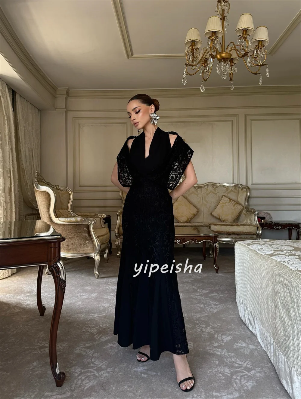 ชุดเดรสยาวแฟชั่นคุณภาพสูงแบบกำหนดเอง ผ้าเจอร์ซีย์แต่งระบายลูกไม้ ทรงตรง เปิดไหล่ ชุดเดรสสำหรับโอกาสพิเศษสั่งตัด คลาสสิก เซ็กซี่