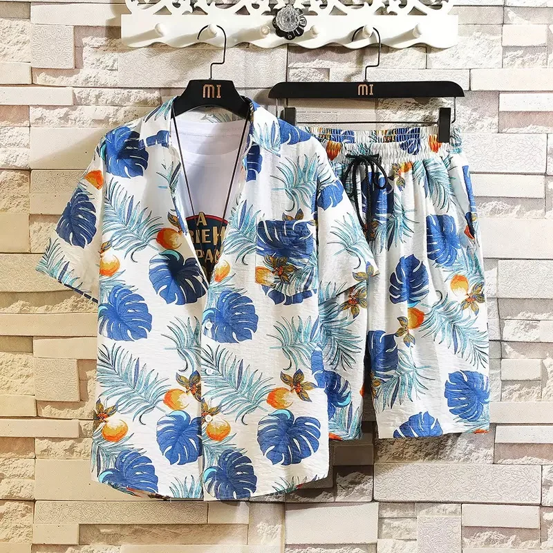 

Summer Fashionable Trendy Printed Beach Short sleeved Shirt Set for Men's Casual Loose Large Sport High Quality Two piece Set