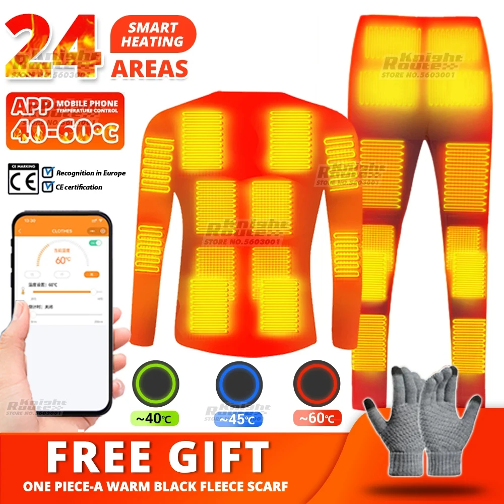 24 Area APP control Heated Jacket Thermal Underwear Women Men Ski Suit USB Electric Heated Clothing Shirt Winter Fishing