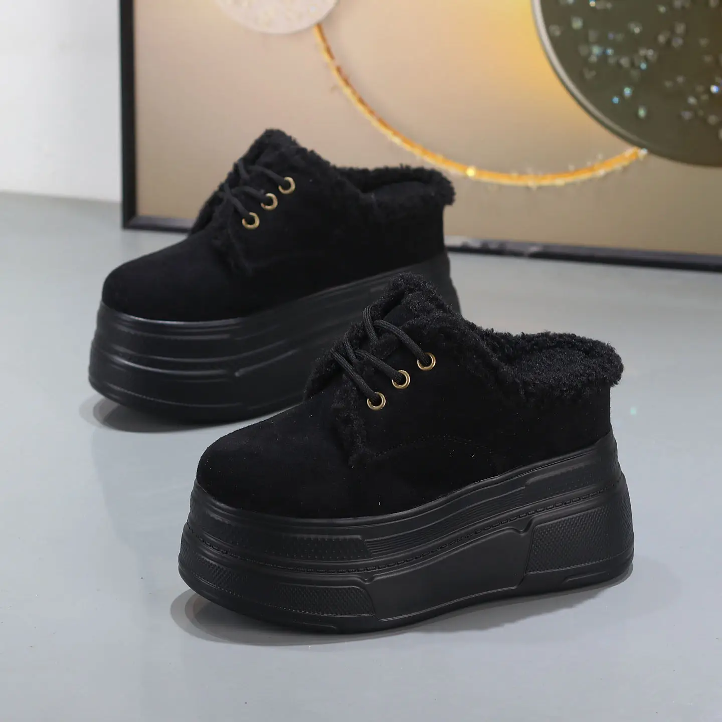 

Warm Winter Women Fur-Lined Mule Slippers Chunky 12cm Hidden Heel Open Back Thick Sole Boots for Short Stature