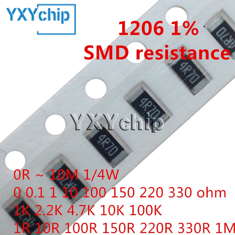 100 pz 1% 1206 resistore SMD 0R ~ 10M 1/4W 0 0.1 1 10 100 150 220 330 ohm 1K 2.2K 4.7K 10K 100K 1R 10R 100R 150R 220R 330R 1M