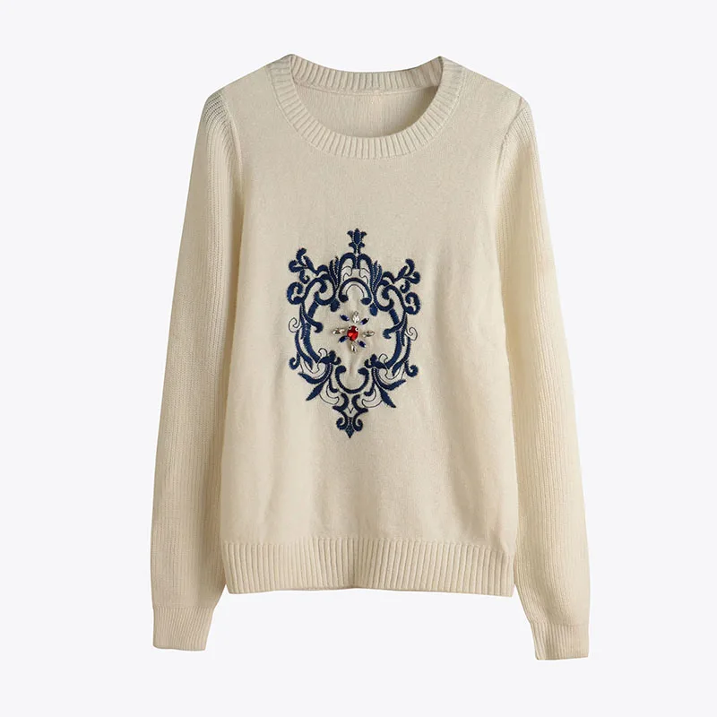 

Faionable Autumn New Women's Slim Fit round Ne Long Sve Knitted Sweater Embroidered Diamond Patchwork Easy Wear Knitwear