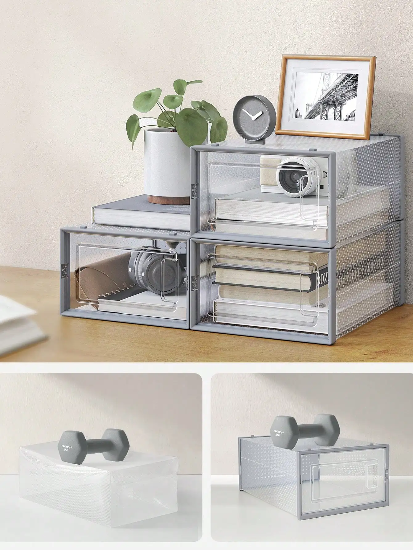 SONGMICS 18 scatole per scarpe impilabili, pieghevoli, adatte fino al regno unito taglia 11, trasparente/grigio