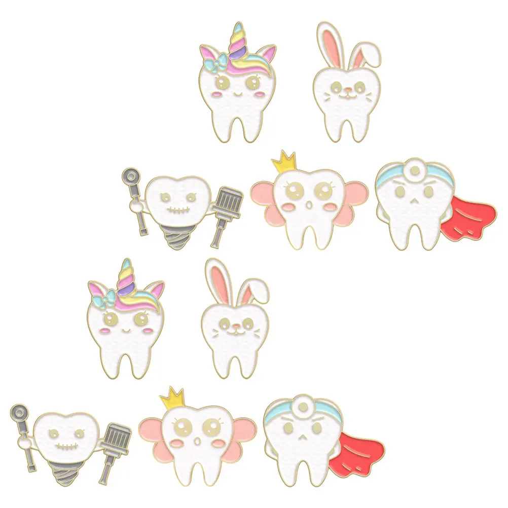 

10pcs Teeth Brooch Cute Cartoon Shape Metal Lapel Badge For Women Clothing Bag Backpack Decoration Pin Badge Locking Backs