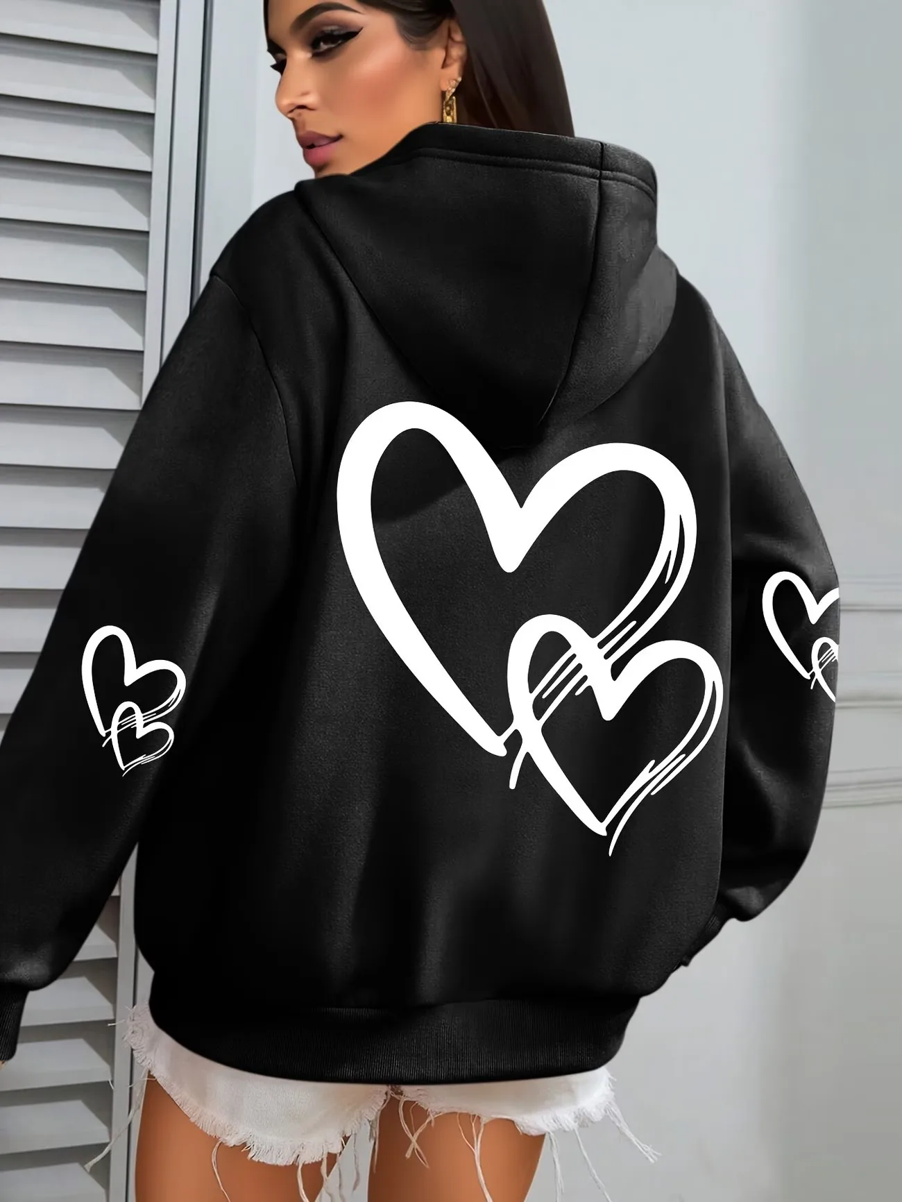 Damen-Kapuzenpullover mit Herzmuster, lässiger Langarm-Pullover mit Taschen, schlichtes Design, Streetwear-Style-Oberteil, im Sonderangebot. – Detail 10