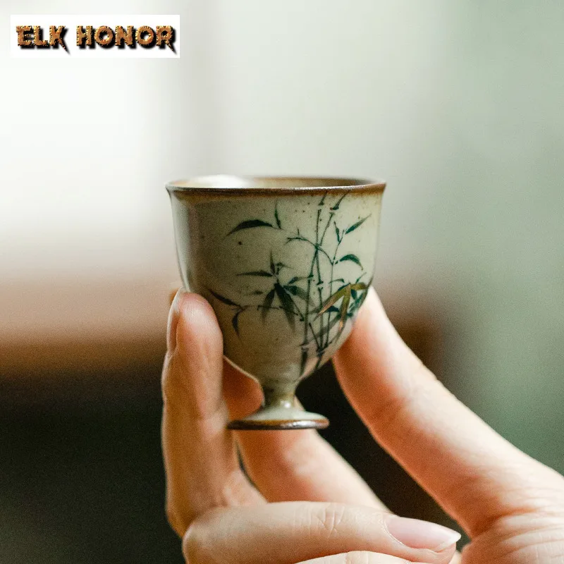 30ML Pure Hand-painted Green Bamboo Ceramic Teacup Antique Glazed Tall Foot Master Cup Personal Tasting Meditation Cup Teaware