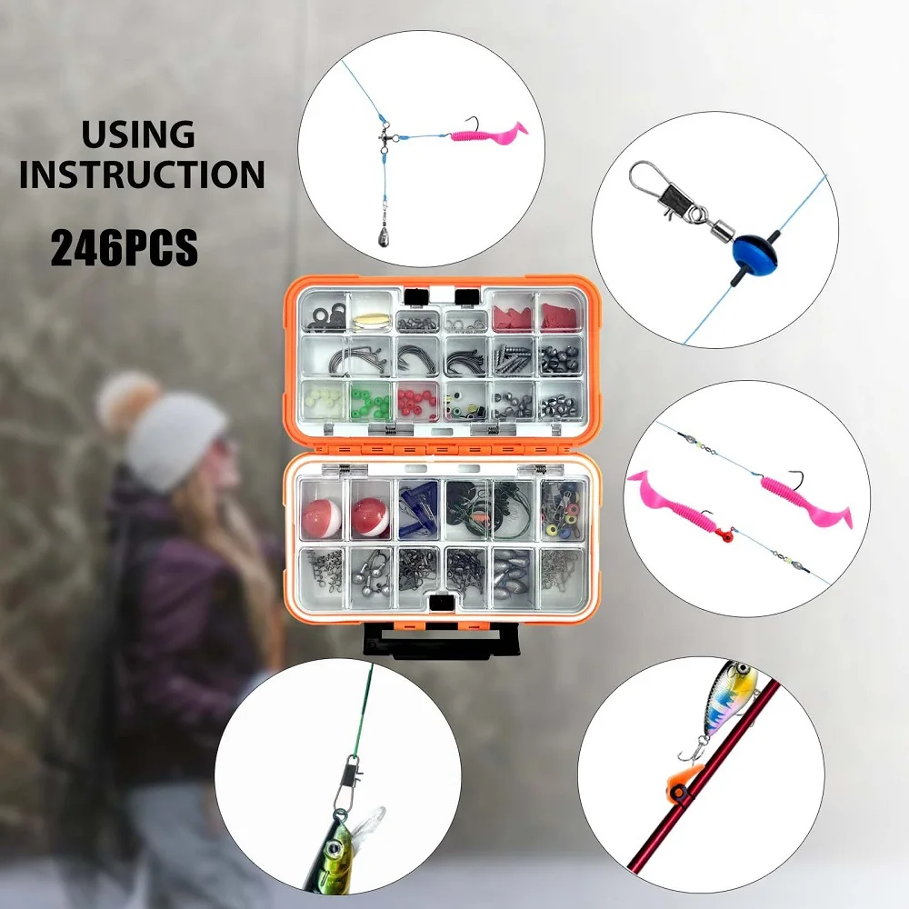 QQE 246Pcs New Complete Fishing Tackle Kit Outdoor Fishing Bait Set Fishing Tackle Accessories with Hooks Portable Design