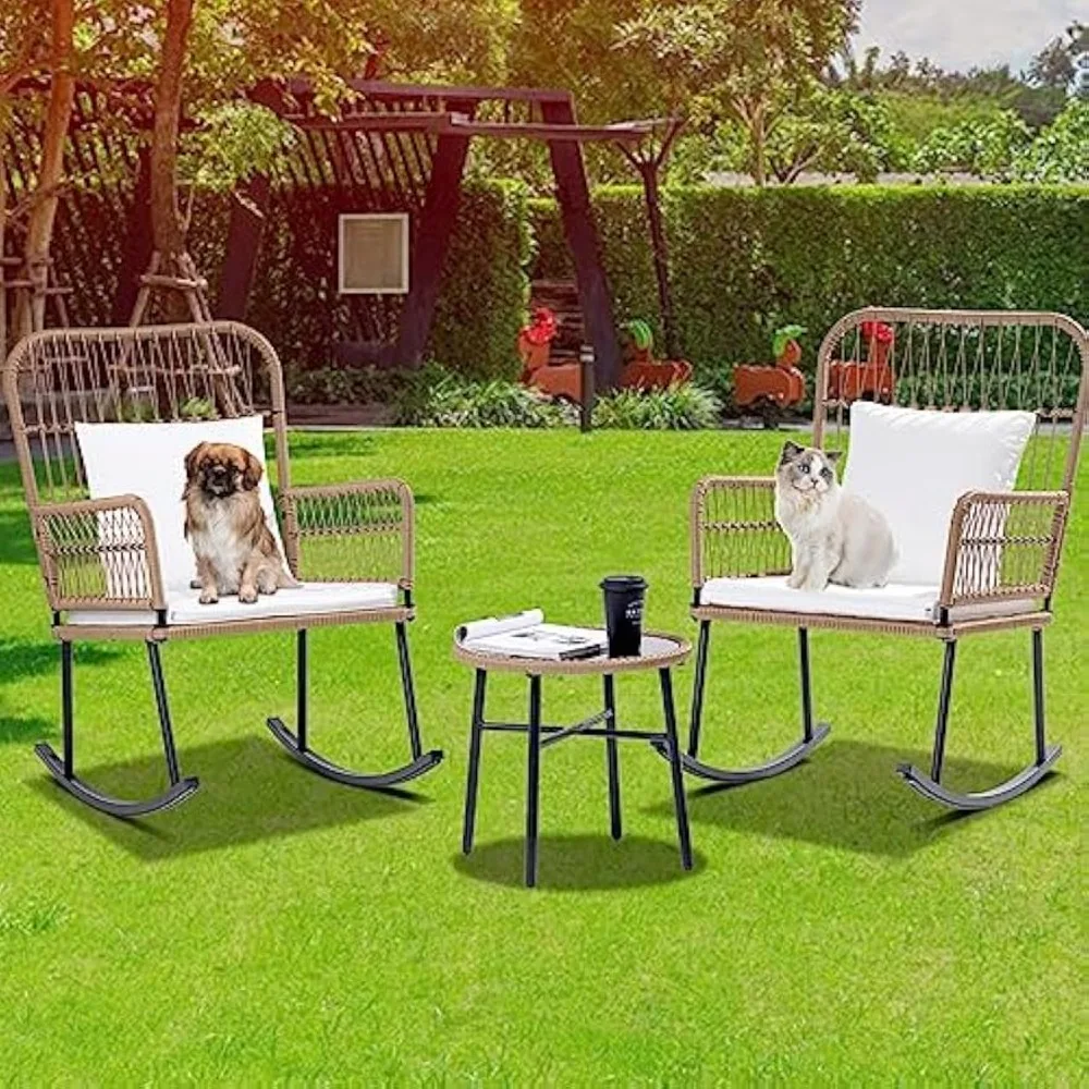 

3-Pieces Patio Outdoor Rocking Chairs Set,Beige Wicker Patio Furniture Set Rattan Woven Blacony Furniture Set for Outdoor Indoor