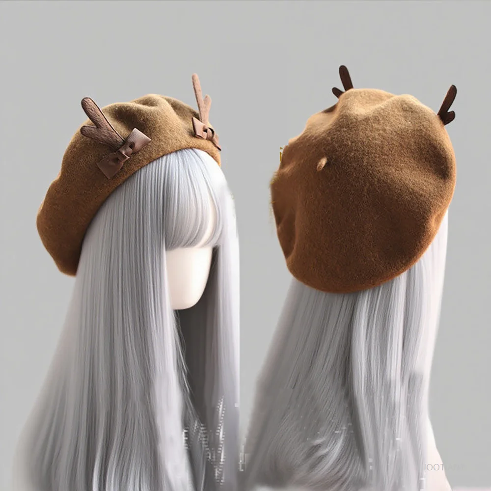 

Christmas Berets For Women Antler Japanese Style Y2k Accessories Beret Hat Lolita Cosplay Womens Hats Brown Women's Autumn Caps