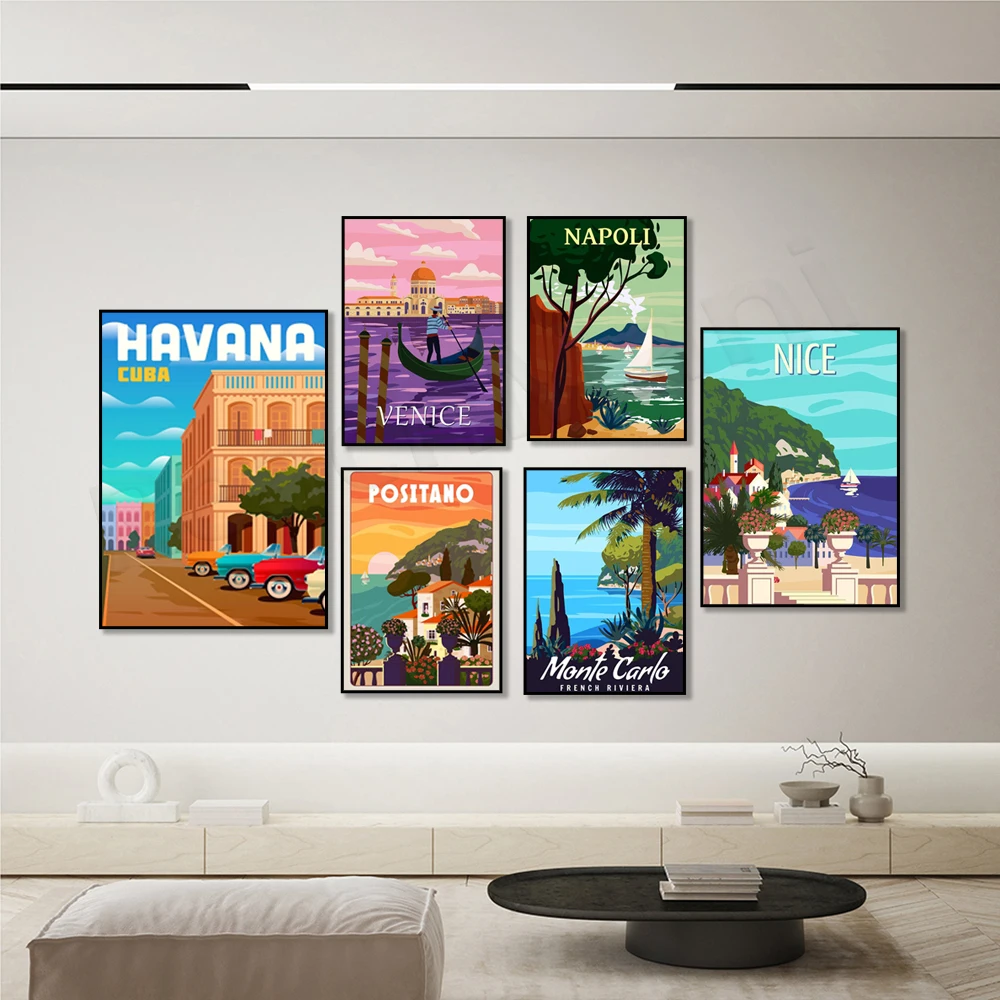 Positano Italy vintage poster, Alps, Switzerland - Mountains, Naples, Monte Carlo, Havana, Venice, Nice - France travel poster