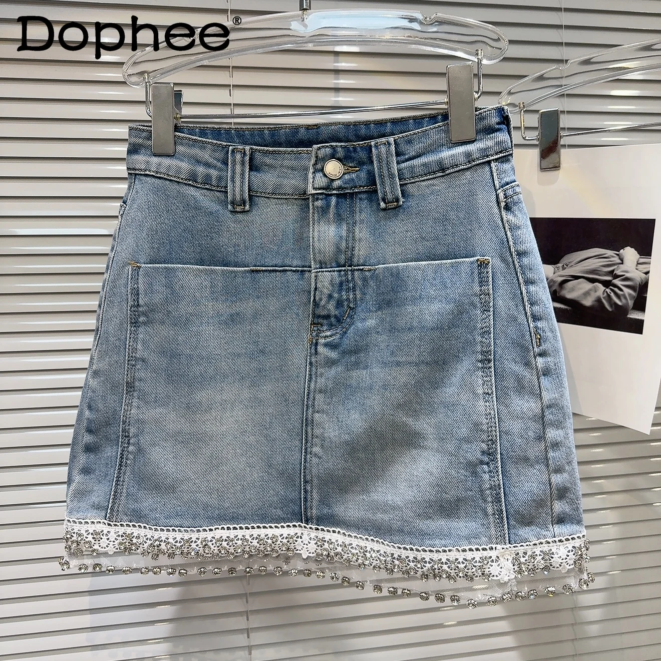 

2025 Summer New Rhinestone Lace Skirts Mini Denim Skirt Short Skirt Light Blue A-shaped Skirt for Women Korean Fashion Clothing