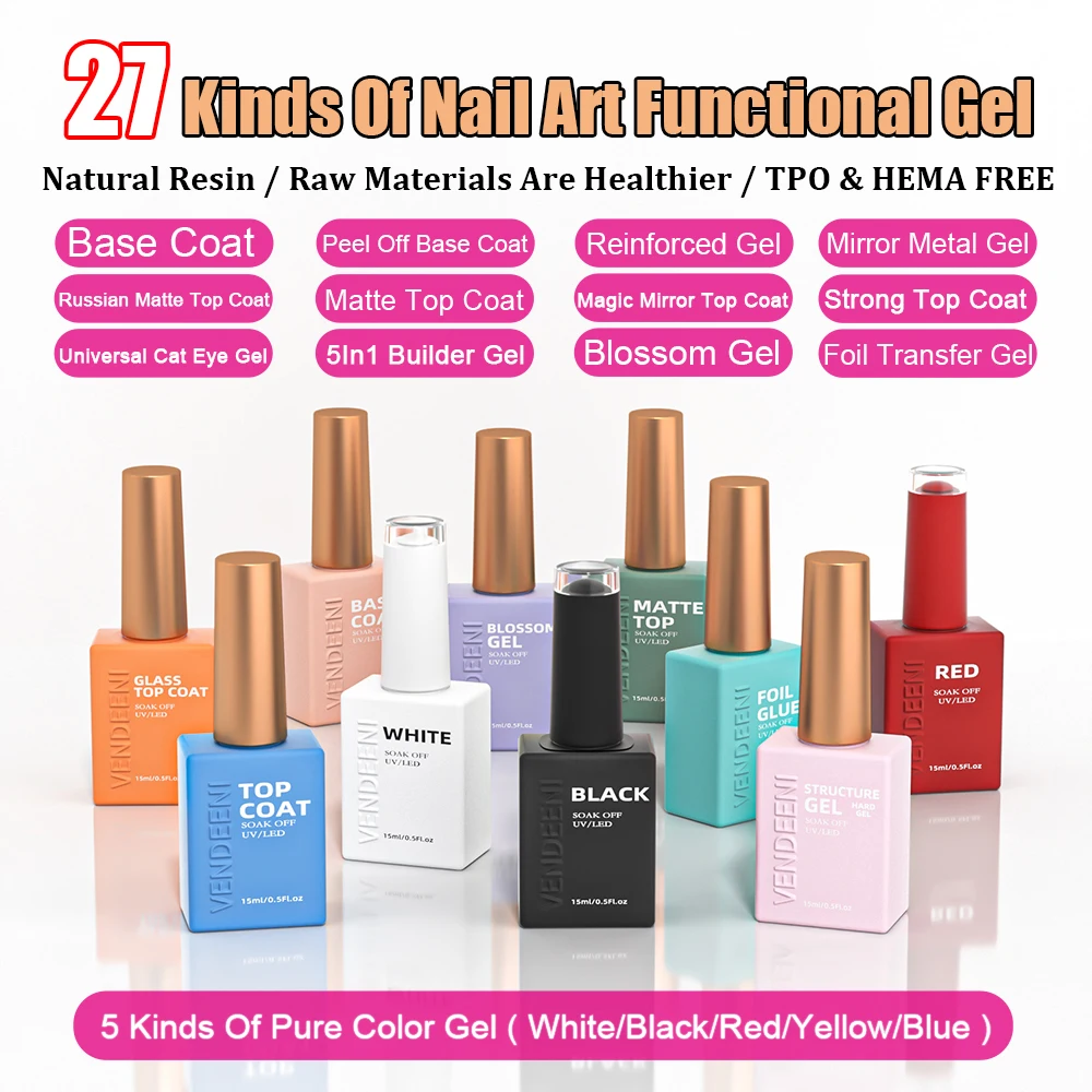 Vendeeni 27 Arten UV-Funktionsgel Nagellack Basislack Chrom Matt Top Coat Blüten-Folientransfer-Gel Universelles Katzenaugen-Gel – Detail 1