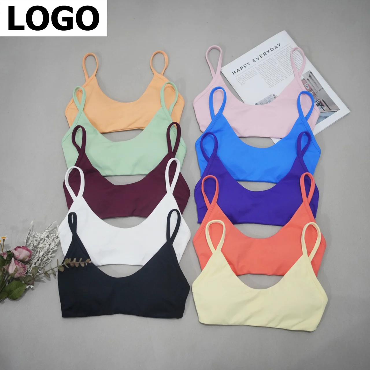 DF-logo Impact Scoop Neck Bra Women Seamless Yoga Sports Underwear High Support Push-up Fitness Clothing Gym Running Crop Top