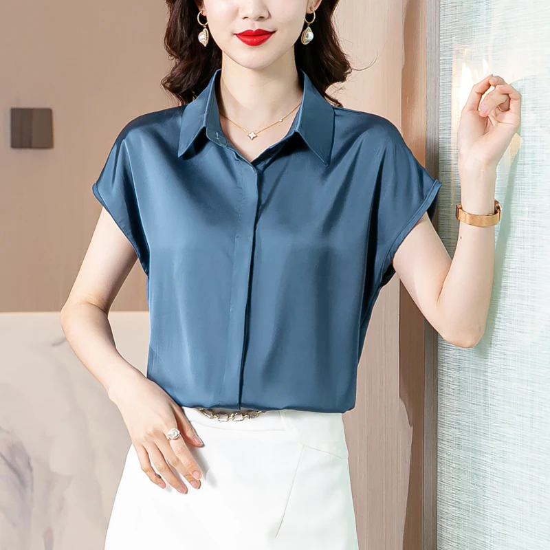 Vintage Blouse Women 2023 New Summer Satin Shirt Silk Elegant Womens Tops Short Sleeve Blouses and Shirts Fashion Women Clothing