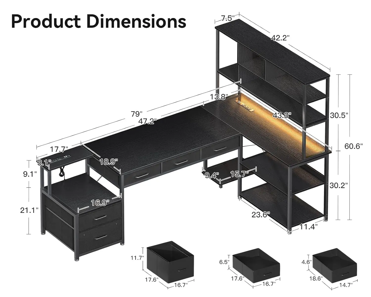 L Shaped Desk 79 Inch With 5 Drawers LED Light & 2 Power Outlets For Home Office, Customized