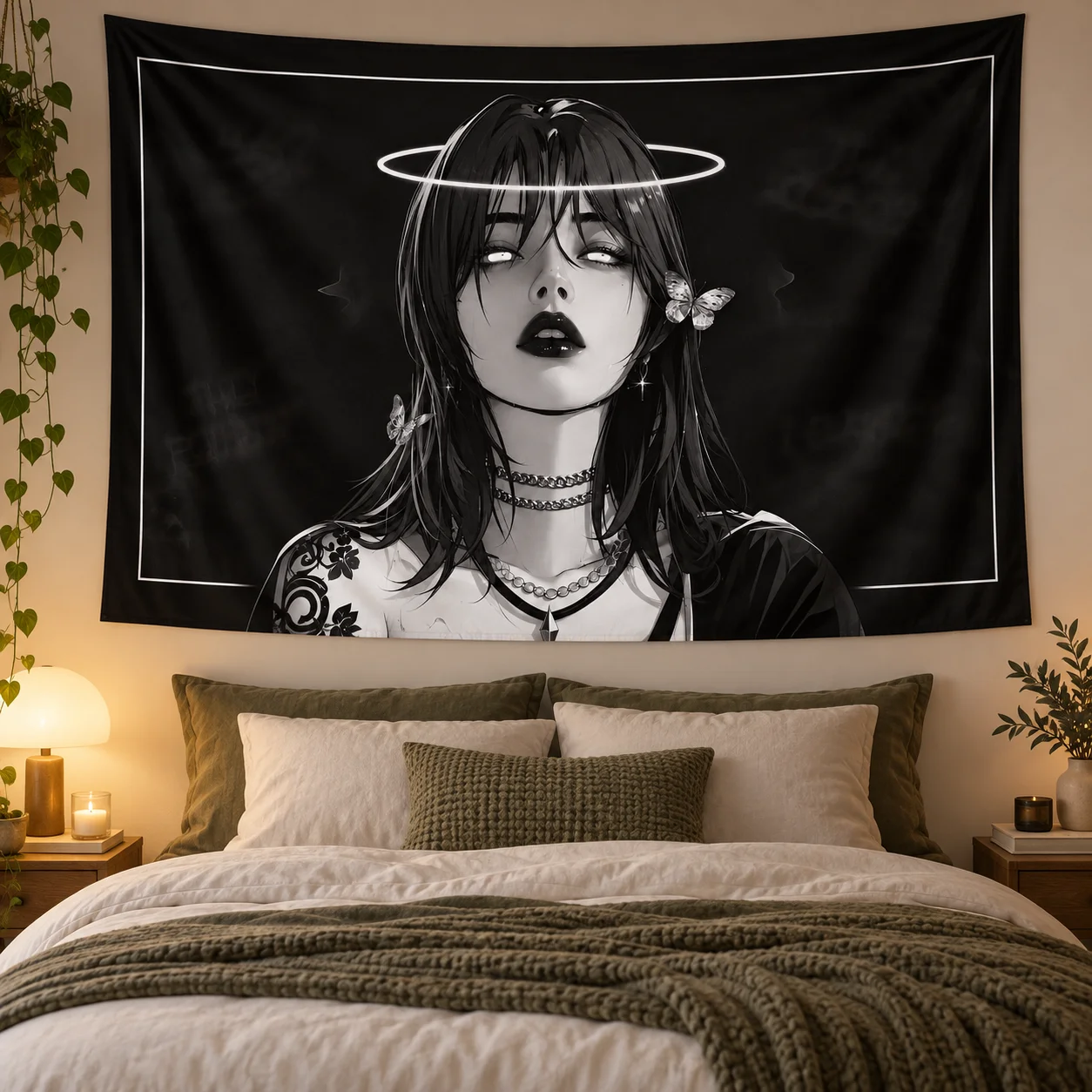 Gothic Grunge Girl Wall Tapestry, Black & White Aesthetic Halo Butterfly Art Wall Hanging, Dark Style Wall Cloth for Bedroom
