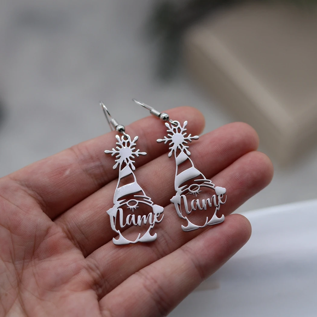 QIAMNI Christmas Santa Claus Snowflake Custom Name Drop Earrings Customized Name Dangle Piecring Xmas Ear Jewelry New Year Gift