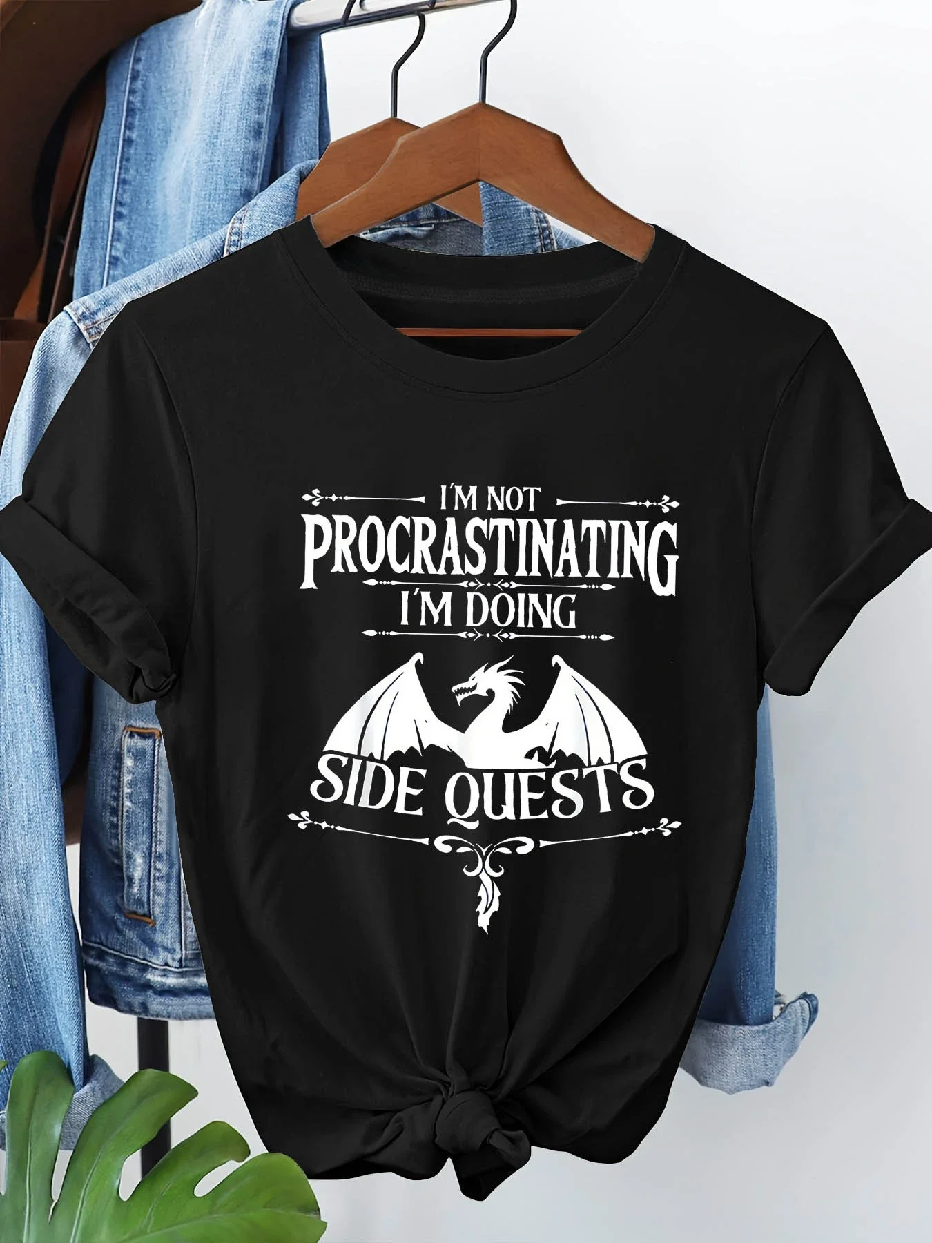 

Women's Short Sleeve T-shirt I'm Not Procrastinating I'm Doing Side Quests Letter Print Crew Neck Casual Top For Summer & Spring