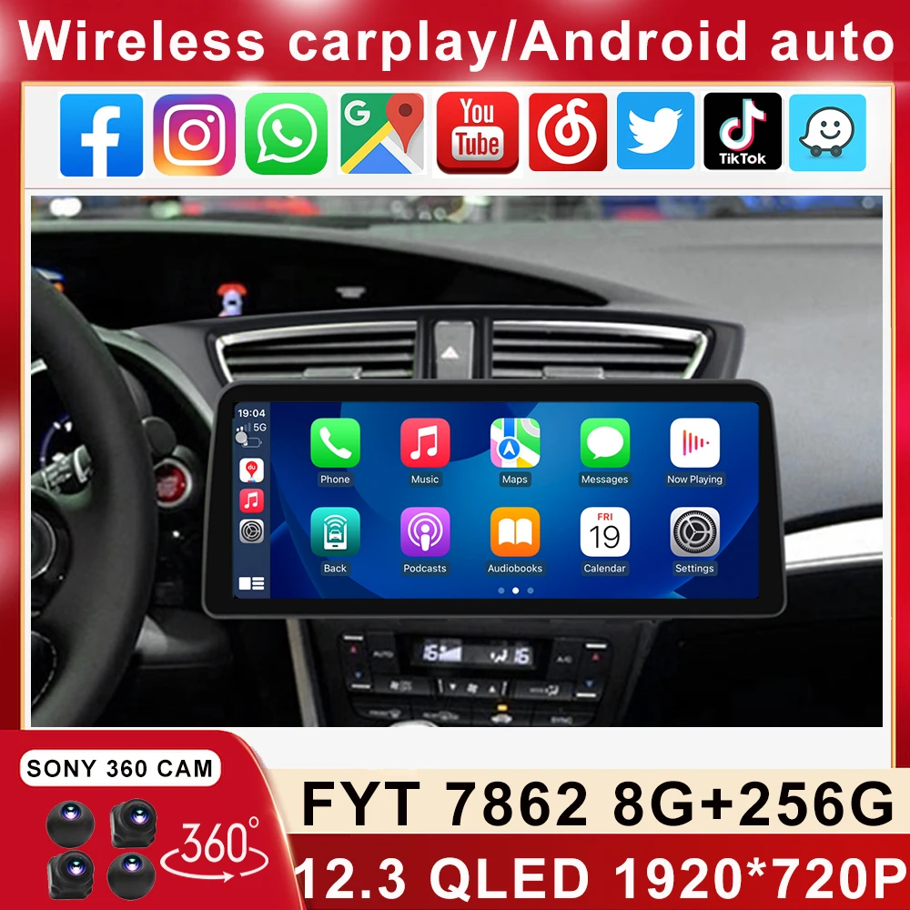 

Автомобильный стереопроигрыватель Carplay, 12,3 дюймов, 1920*720 QLED для Honda Civic 9 FK FB 2012 -2017 Android, мультимедийный видеоплеер, головное устройство Carplay Auto 8 + 128G