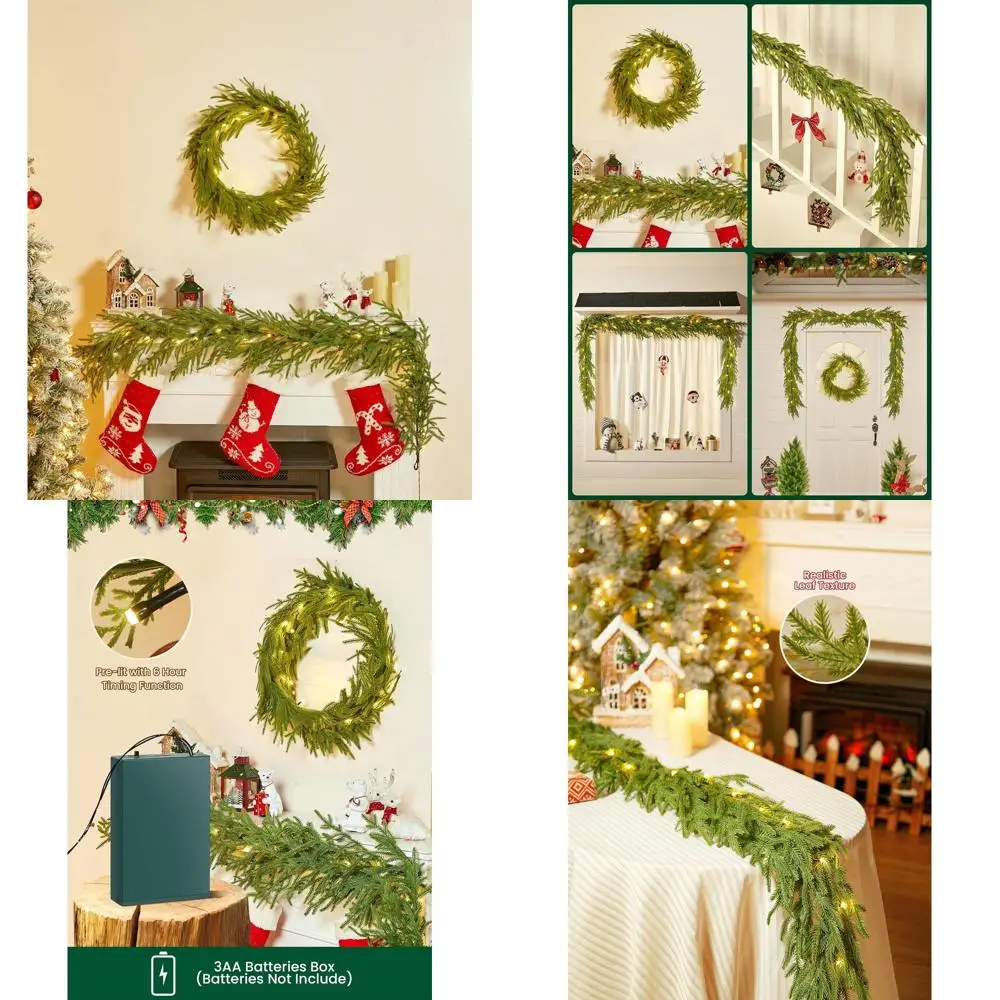 

Prelit 6-Foot Norfolk Pine Garlands with White Battery-Operated Lights, Indoor/Outdoor Christmas Decorations, 2-Pack