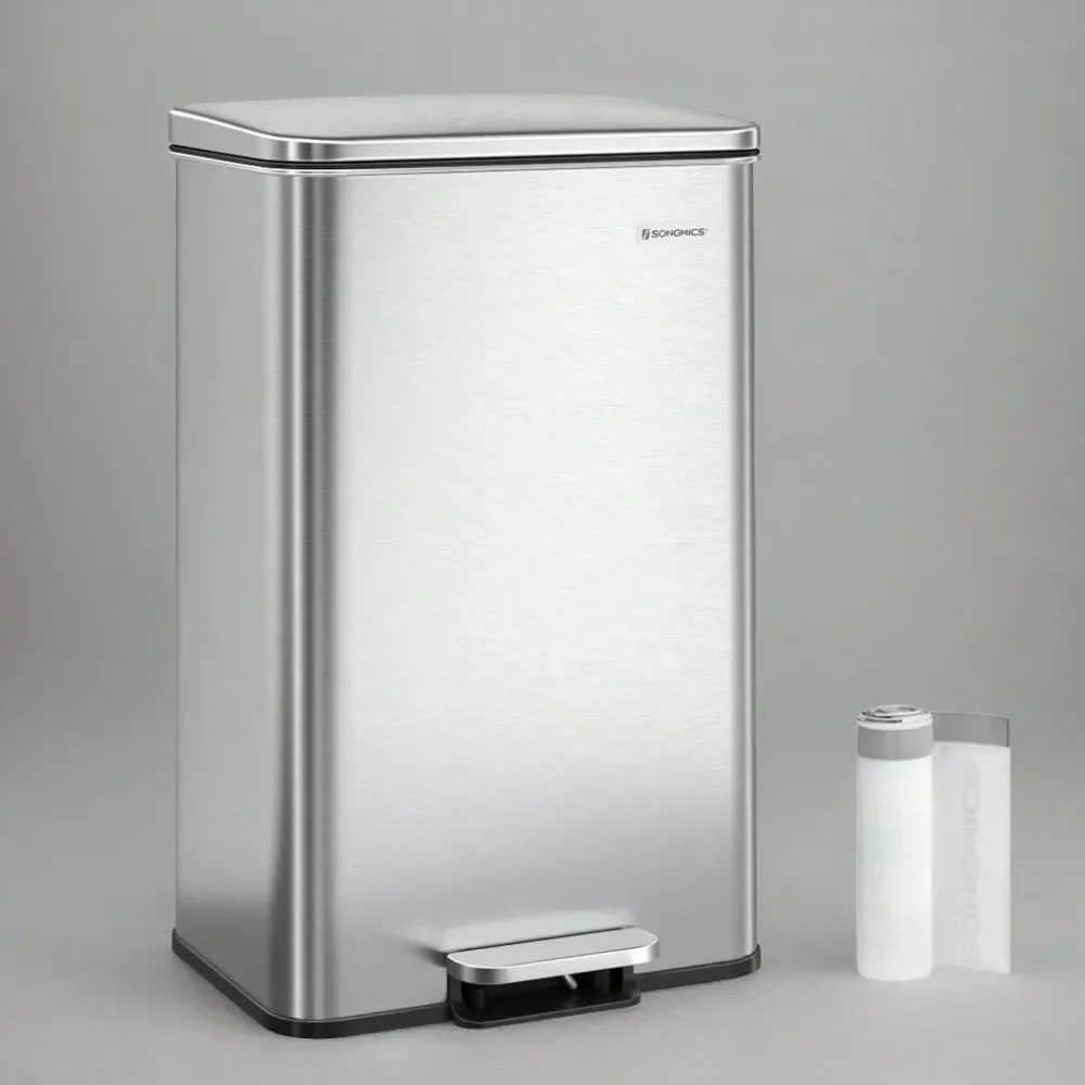 

Kitchen Trash Can, 10.5 Gallon 40 L Garbage Can, Large Step Trash Bin With Lid, Stainless Steel, Soft Close, 15 Trash Bags Inclu